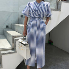 Load image into Gallery viewer, Korean Women Summer Cotton Blue Striped Bandage Split Long Dress Female Long Bodycon Plus Size Vestido Robe Femme Ete Sukienki