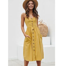 Load image into Gallery viewer, Button Striped Print Cotton Linen Casual Summer Dress 2019 Sexy Spaghetti Strap V-neck Off Shoulder Women Midi Dress Vestidos