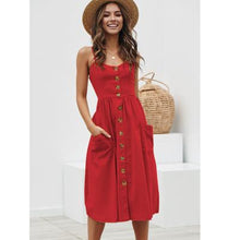 Load image into Gallery viewer, Button Striped Print Cotton Linen Casual Summer Dress 2019 Sexy Spaghetti Strap V-neck Off Shoulder Women Midi Dress Vestidos
