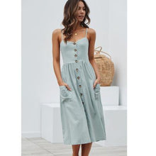 Load image into Gallery viewer, Button Striped Print Cotton Linen Casual Summer Dress 2019 Sexy Spaghetti Strap V-neck Off Shoulder Women Midi Dress Vestidos