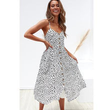 Load image into Gallery viewer, Button Striped Print Cotton Linen Casual Summer Dress 2019 Sexy Spaghetti Strap V-neck Off Shoulder Women Midi Dress Vestidos