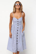 Load image into Gallery viewer, Button Striped Print Cotton Linen Casual Summer Dress 2019 Sexy Spaghetti Strap V-neck Off Shoulder Women Midi Dress Vestidos