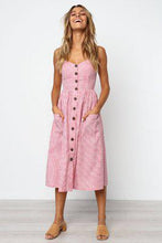 Load image into Gallery viewer, Button Striped Print Cotton Linen Casual Summer Dress 2019 Sexy Spaghetti Strap V-neck Off Shoulder Women Midi Dress Vestidos
