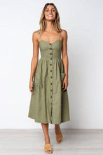 Load image into Gallery viewer, Button Striped Print Cotton Linen Casual Summer Dress 2019 Sexy Spaghetti Strap V-neck Off Shoulder Women Midi Dress Vestidos
