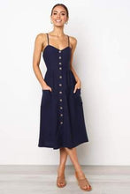 Load image into Gallery viewer, Button Striped Print Cotton Linen Casual Summer Dress 2019 Sexy Spaghetti Strap V-neck Off Shoulder Women Midi Dress Vestidos