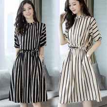 Load image into Gallery viewer, Women Summer Dress Half Sleeves Slim Fit Striped Round Neck Elastic Waist IK88